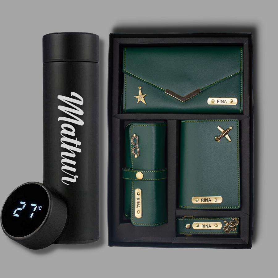 Personalized Elegant Gift Hamper for Her with Name Engraved Wallet & Smart Bottle | gifti5