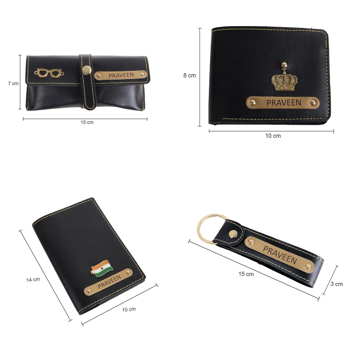 Men Gift Combo of 5 - Customized Wallet, Name Key Ring, Passport Cover & Customized Eye Wear Cover with Name and Charm & 1 Hot & Cold Flask Smart Temperature Bottle 500ml