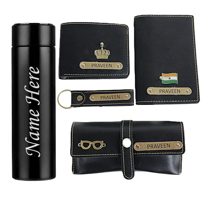 Men Gift Combo of 5 - Customized Wallet, Name Key Ring, Passport Cover & Customized Eye Wear Cover with Name and Charm & 1 Hot & Cold Flask Smart Temperature Bottle 500ml