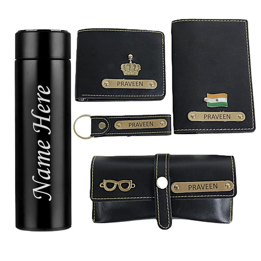 Men Gift Combo of 5 - Customized Wallet, Name Key Ring, Passport Cover & Customized Eye Wear Cover with Name and Charm & 1 Hot & Cold Flask Smart Temperature Bottle 500ml